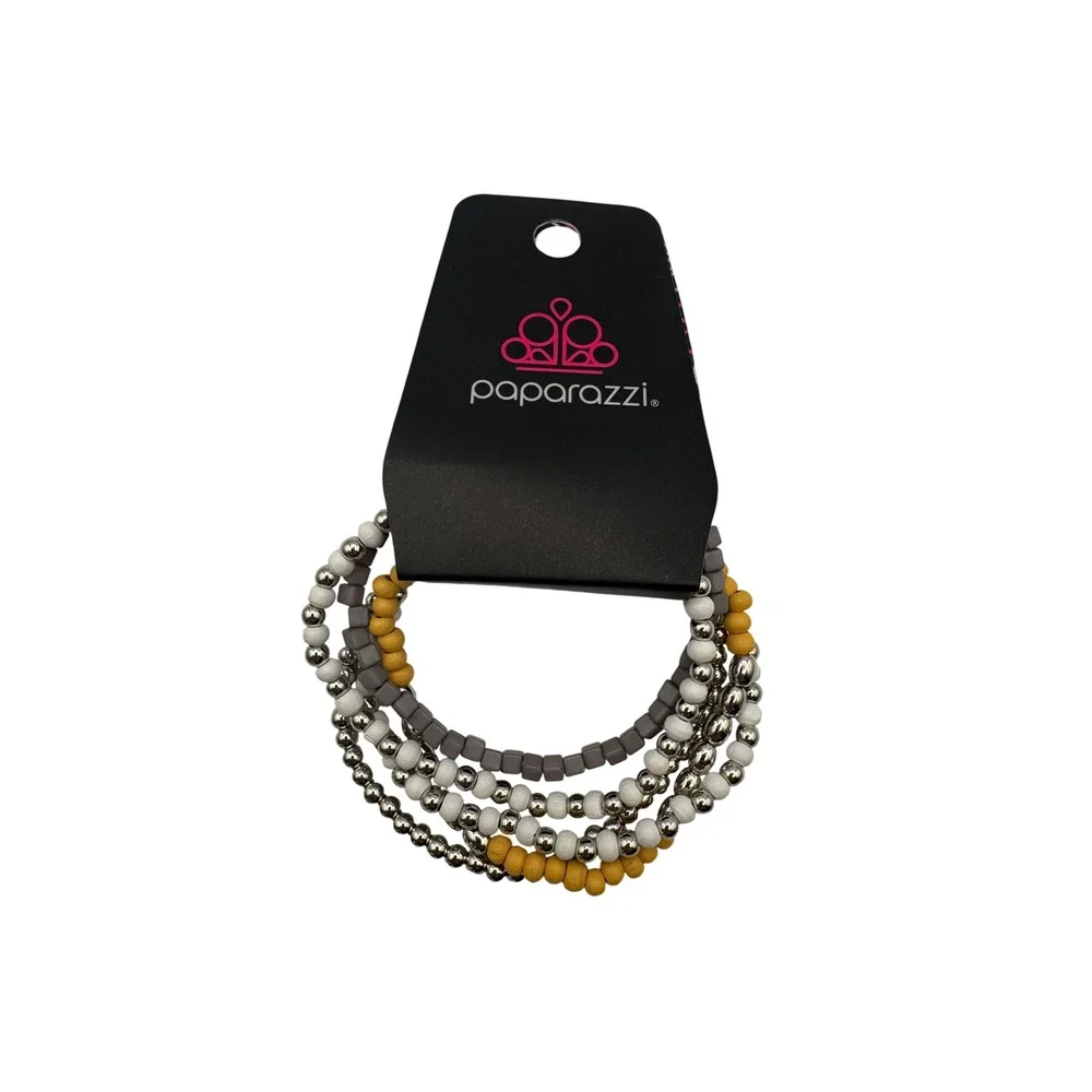 Paparazzi Adventure is Calling Silver Grey Yellow Beaded Stretch Bracelet Set - Picture 1 of 3